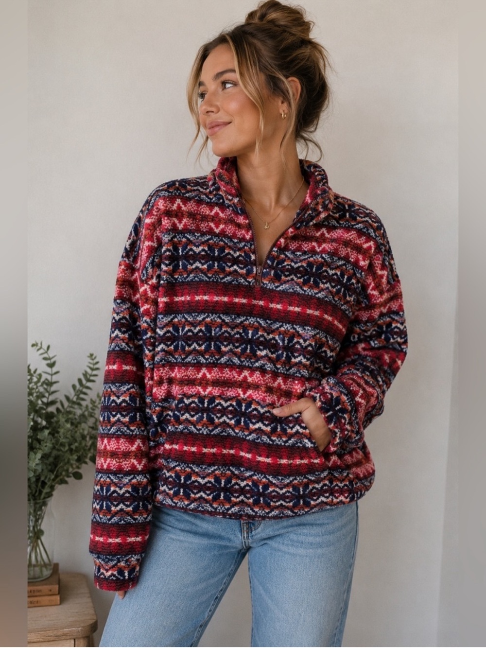 AE Fair Isle Sherpa Fleece Pullover Quarter-zip